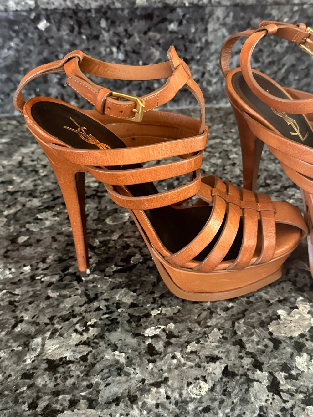 Saint Laurent Cognac Leather Strappy Platform Heels
